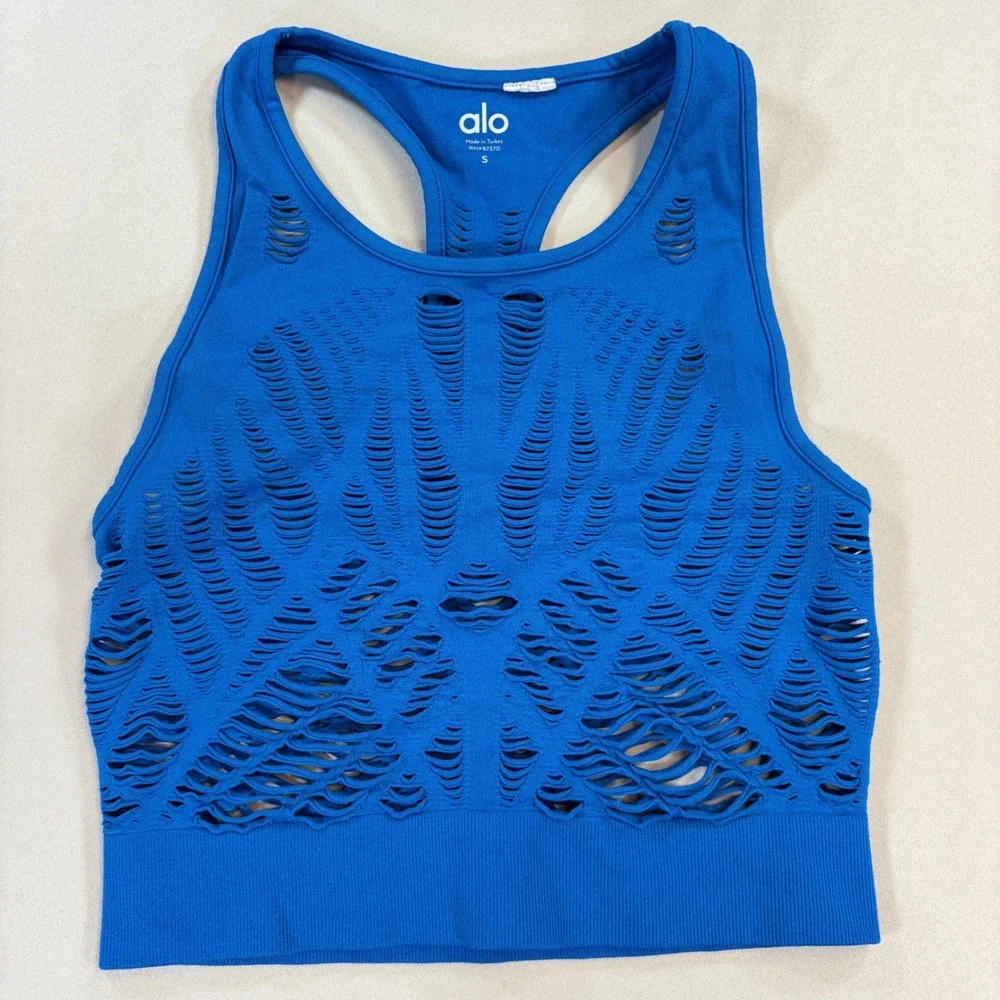 Alo Yoga Vixen Tank Women Small Blue Laser Cut Seamless Crop Top Athleisure